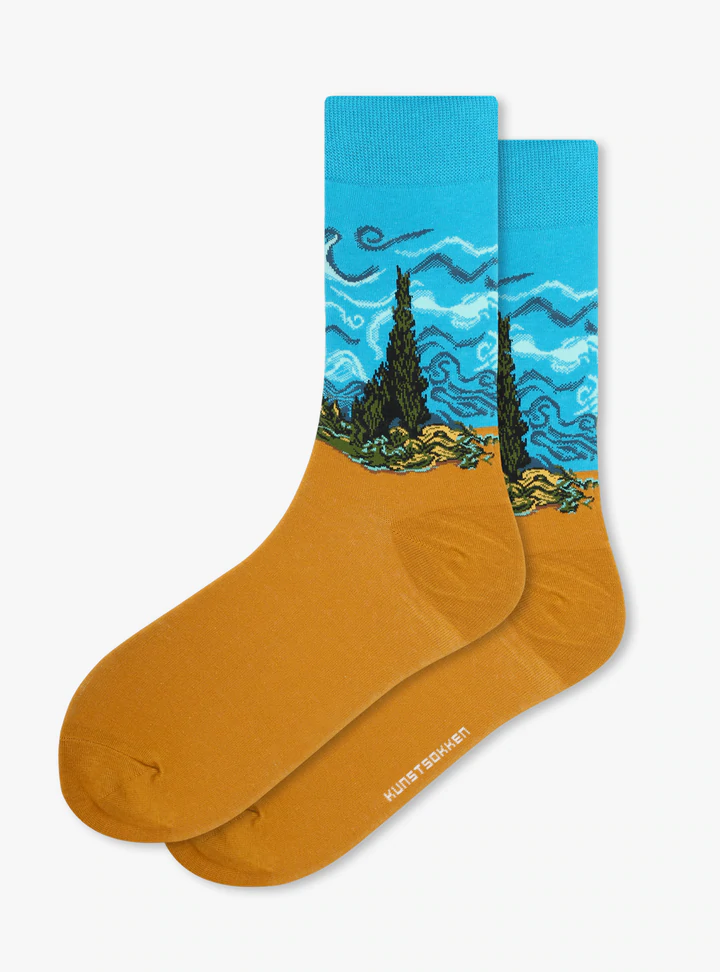 Kunstsokken Korenveld met Cipressen sokken geel / blauw